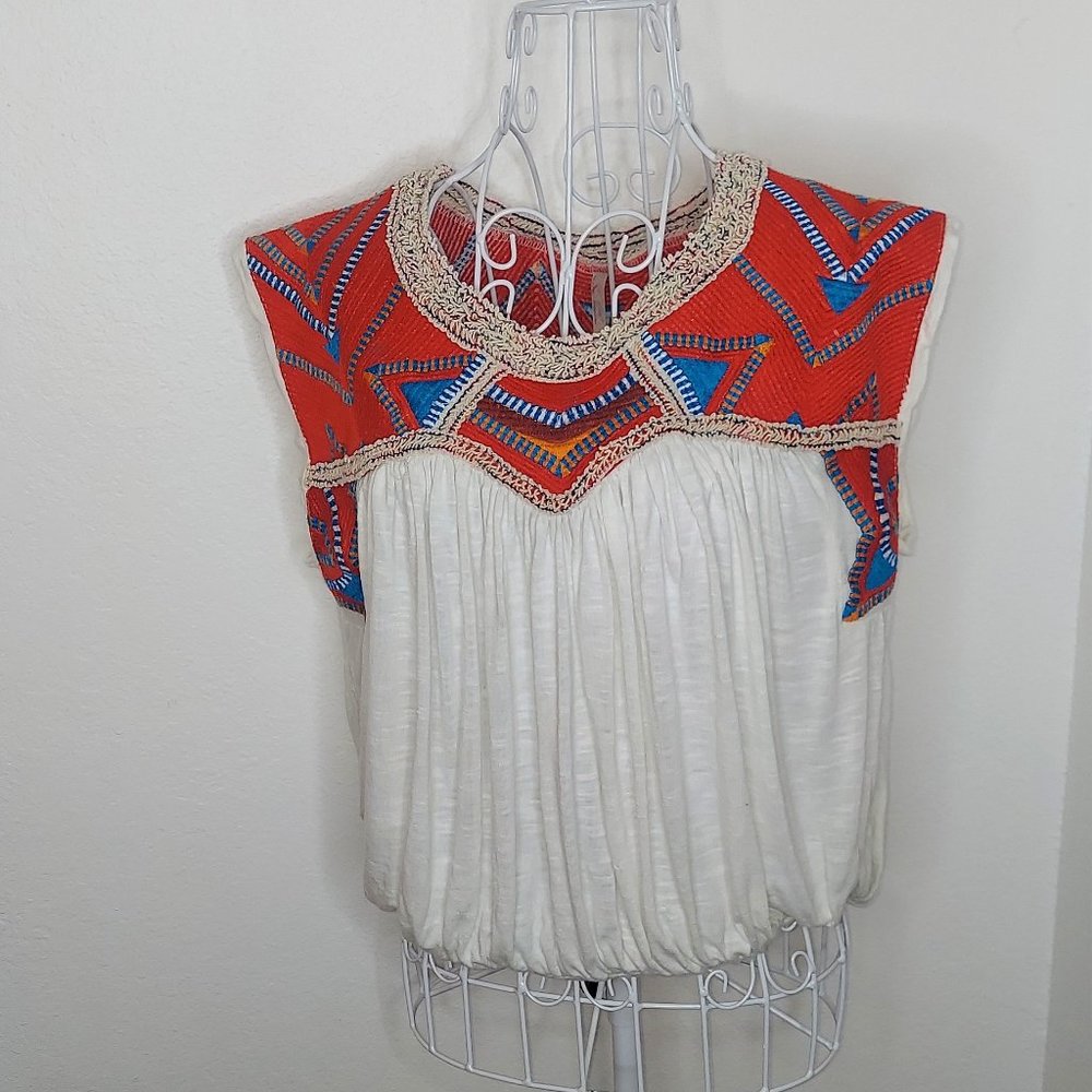 Free People Crop Top Boho Red Embroidered Collar size Small